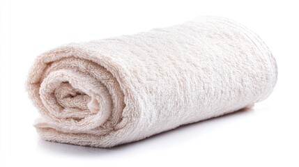 Rolled Beige Bath Towel on White Background