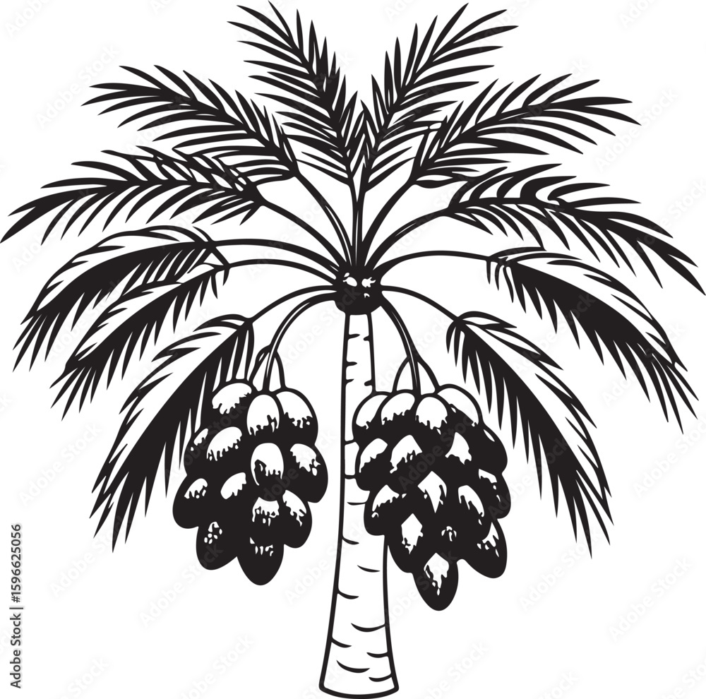 Poster a silhouette illustration of a palm tree with grape-like fruit bunches on its branches, creating a n