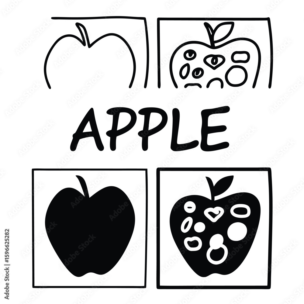 Poster apple evolution doodle with different styles and text on transparent background this image features 