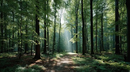 Obraz premium Sunlit Path Through Dense Tree Forest