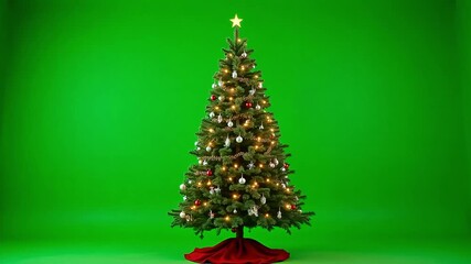 Decorated Christmas tree with ornaments and star topper against green screen backdrop. - Powered by Adobe