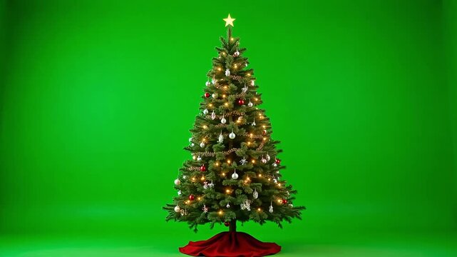Decorated Christmas tree with ornaments and star topper against green screen backdrop.