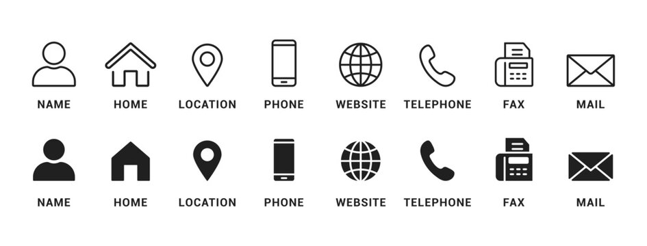 Contact us icon collection, name, home, email, call, address, location, globe, chat, fax, mail, envelope, mobile, telephone, info, website, icon. website icon set, communication icon vector design 