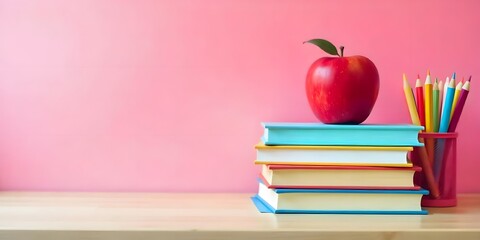 Vibrant Stack of Books with Apple and Pencils