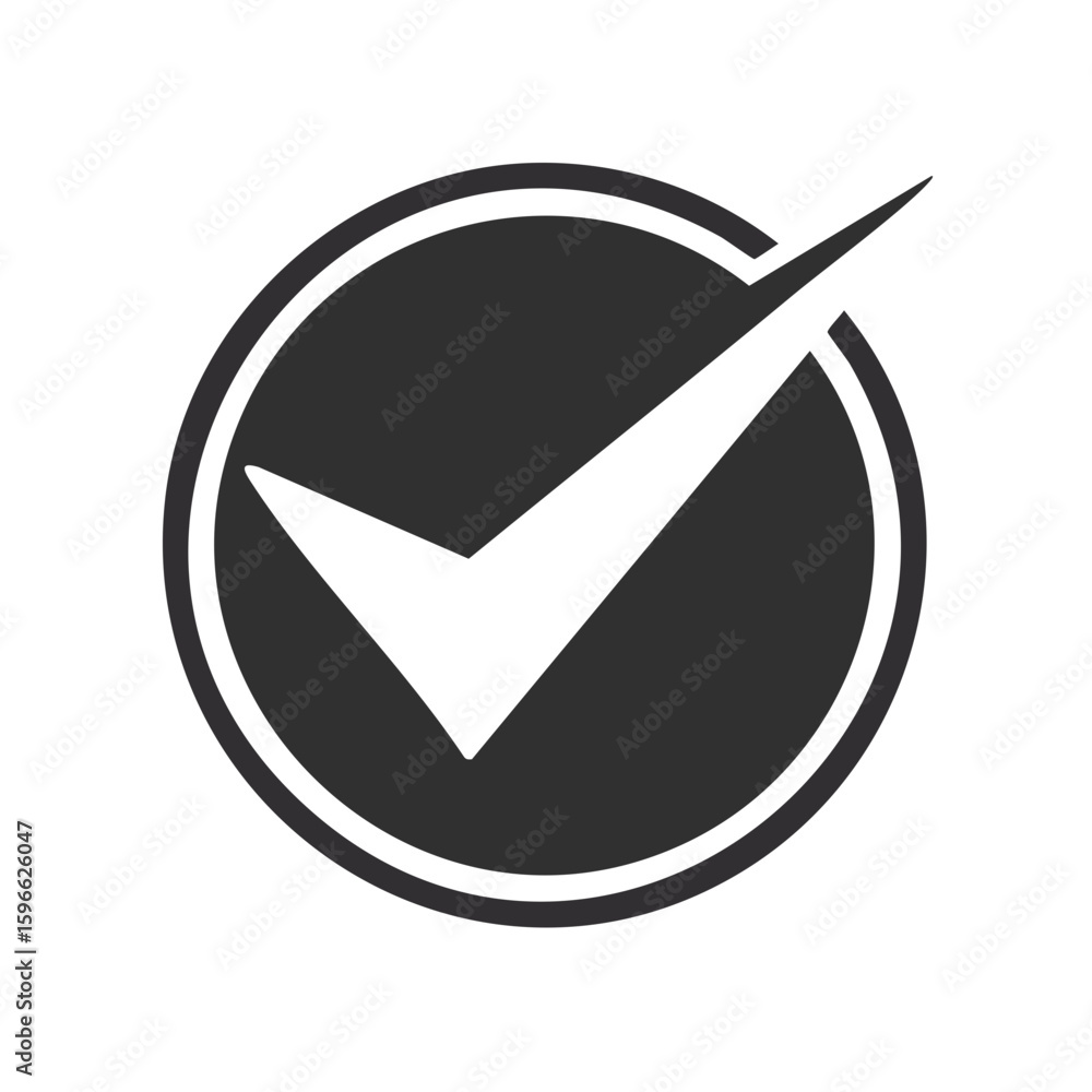 Poster approved checkmark in circle icon for correct choice or success on black background simple flat vect