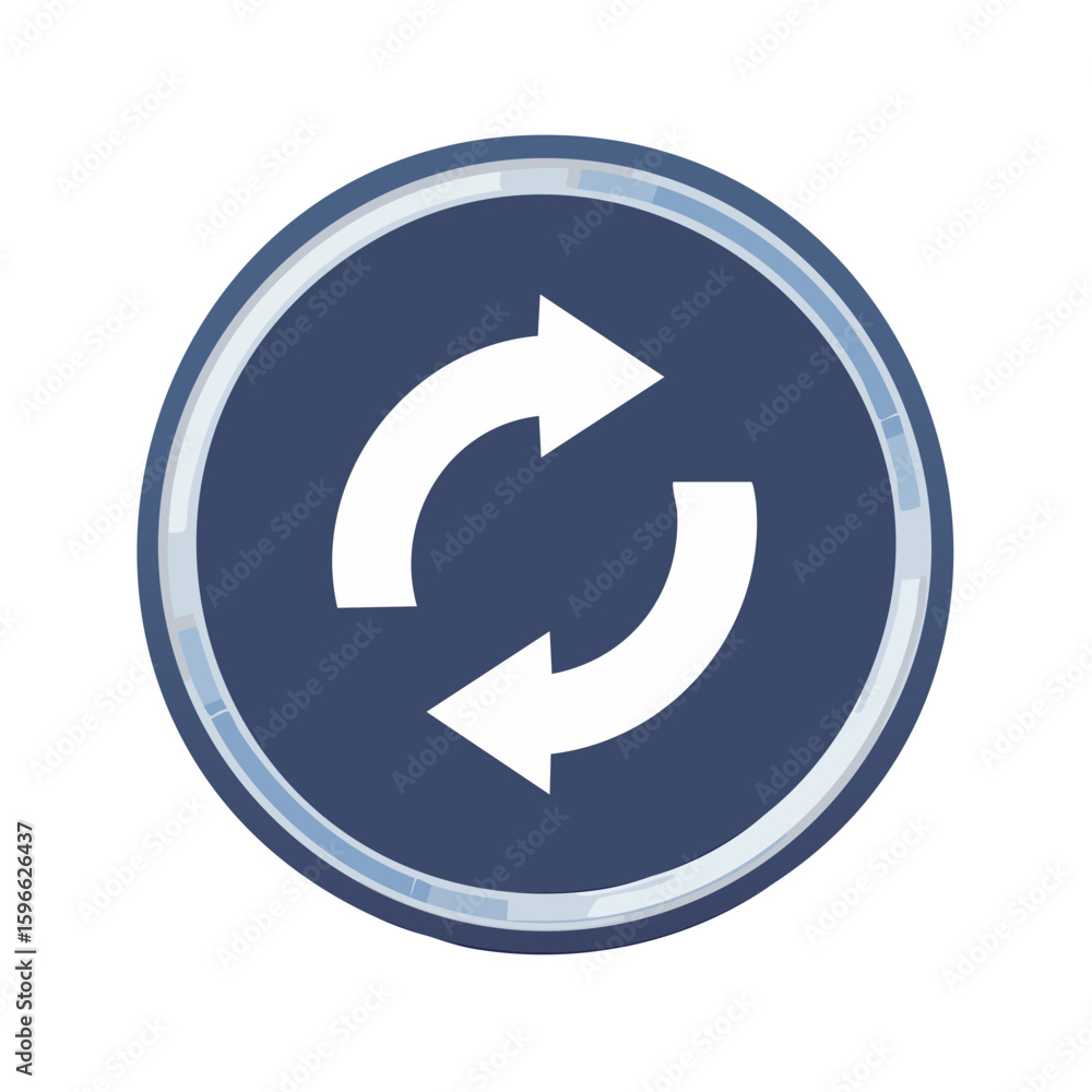 Poster circular blue button featuring refresh or sync arrows vector graphic isolated on black background