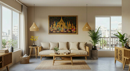 Bright minimalist living space in a Thai urban apartment, furnished with essential and sustainable items.