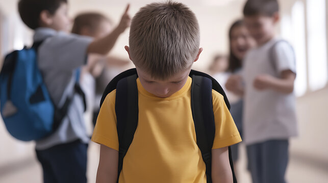 Sad young schoolboy being bullied in the hallway. He is looking down and appears withdrawn while other children point and laugh nearby.