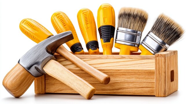 Wooden toolbox with essential tools, a comprehensive kit for diy enthusiasts and professionals