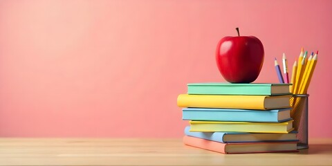 Vibrant Stack of Books with Apple and Pencils