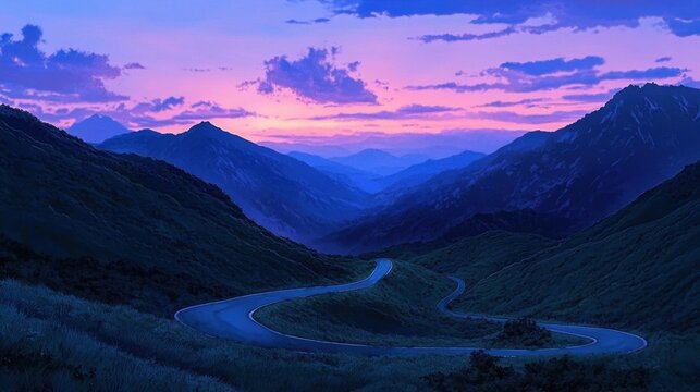 Winding mountain road at twilight, bathed in vibrant hues.
