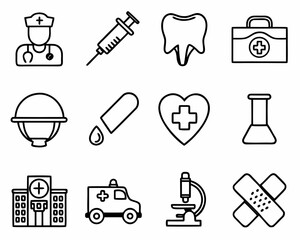 A set of flat icons representing different medical specialities, hospital departments, health conditions, and common medical equipment. Examples include cardiology, dentistry, pediatrics, pharmacy,