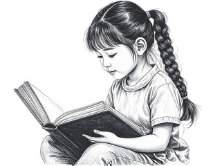 Hand-Drawn Sketch of Girl with Braids Reading a Storybook, Side View in Pencil Illustration Style, Transparent Background PNG