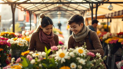 Mother's Day Teamwork with Mother and son urban flower market, spring morning, top view, soft daylight, gold background (hopeful)
