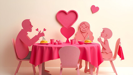 Valentine's Day Nature Walk with Family Valentine breakfast, pink table decor, love, papercut, overcast, gold background (hopeful)