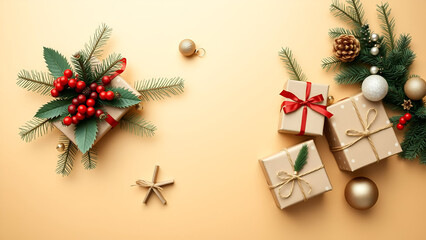 Christmas School Project with Modern flat lay Christmas gifts in eco wrapping, macro food, overcast, gold background (dynamic)