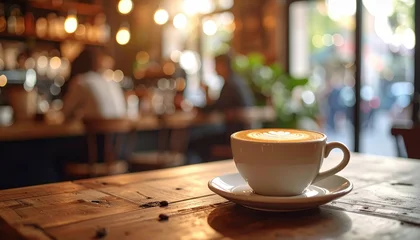 Wandcirkels Koffie en koffiebonen A cup of cappuccino sits on a wooden table in a cafe, with blurred figures and outdoor light in the background.  © Syafiq Rahman