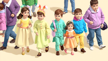 Carnival Celebration with Children in pastel costumes, family parade daytime, isometric vector, natural light, cream background (inclusive)