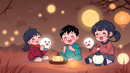Mid-Autumn Festival Music with Children holding cartoon lanterns in moonlit picnic, pop art, overcast, warm brown background (creative)