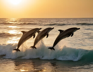 Fototapeta premium Dolphins are jumping in the blue water at sunset. Sea landscape at sunset. 3D rendering background.