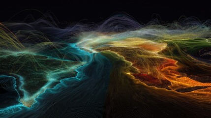 Venture Capital Trends: A dynamic infographic visualizing venture capital funding flowing into different tech sectors like AI, biotech, and fintech, represented as interconnected rivers of light