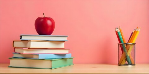 Vibrant Stack of Books with Apple and Pencils