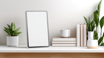 White Minimalist Home Decor: Empty Frame, Plants, Books and Mug on Wooden Shelf