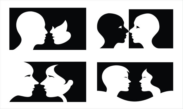 Optical illusion of four pairs of silhouetted heads facing each other, revealing hidden images and ambiguous perceptions in black and white. can be used in psychology and neuroscience content