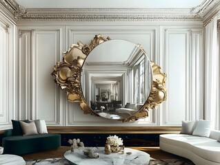 Ornate Gold Mirror Reflecting Luxurious Interior with Elegant Fu