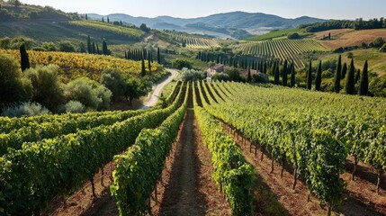 Fototapeta premium Vineyard Landscape with Grapevines, Cypress Trees, and Hills.