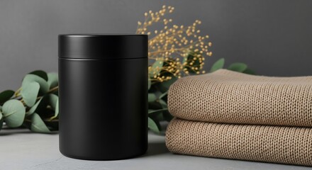 Modern black thermos bottle with folded towels and greenery