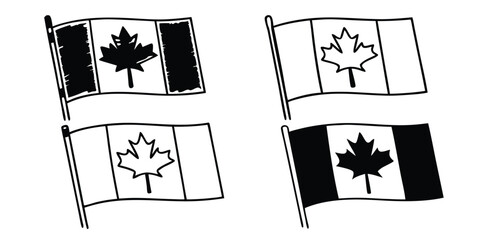 Four Hand Drawn Canadian Flags in Black and White on Transparent Background This image features