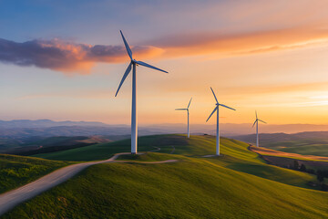 Wind turbines stand tall against a vibrant sunset, harnessing the power of nature for clean energy in a serene landscape.