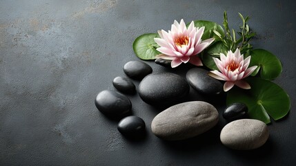 Fototapeta premium Water Lilies, Stones, and Lily Pads on Gray Background