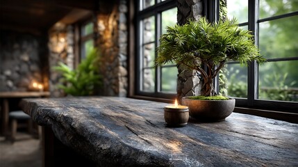 A polished grey marble slab with intricate veining, placed horizontally as a tabletop. The surface reflects ambient light softly, creating a luxurious and serene atmosphere.