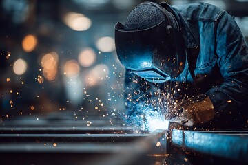 **Close-Up Of A Welder Working On A Steel Beam During Structural Frame Assembly. Sparks Frozen In Motion, Subject In Focus, Wearing Full Ppe. Industrial Lighting Conditions, Suitable For Safety Awaren