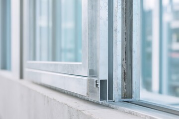 Aluminum Window Frames Being Fitted Into A Concrete Wall. Glass Panels Partially Installed, With Protective Film Visible. Light Should Reflect Naturally On Metallic Surfa
