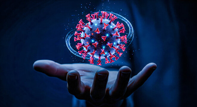 Man holding a digital coronavirus particle in his hand. Medical research and epidemic concept. Scientific studies.