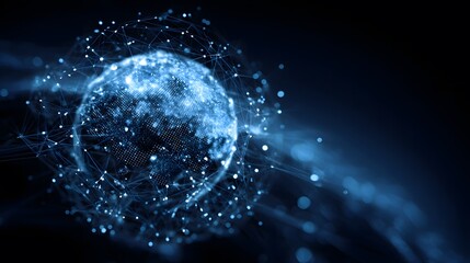 Obraz premium Illuminated Earth at night showcasing global connectivity through digital networks. abstract blue background with particles. 