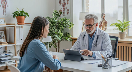 Male doctor talking with a woman during medical appointment. Doctor consulting patient at modern clinic or hospital while using a tablet.