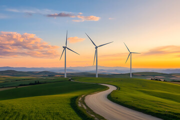 Wind turbines on a green hillside at sunset, showcasing renewable energy. A winding road leads through the landscape toward the wind farm.