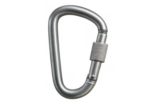 Metal carabiner isolated on transparent background, essential equipment for mountaineering and climbing ensuring safety at height