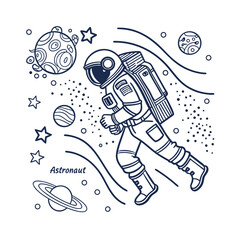 Astronaut Floating in Space with Planets and Stars: Line Art Illustration for Coloring Book, Space Exploration Theme, and Educational Purposes.