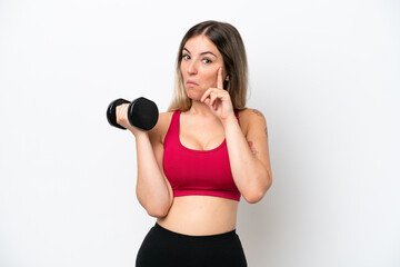 Young sport Rumanian woman making weightlifting isolated on white background thinking an idea