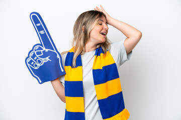 Young Rumanian woman sports fan woman isolated on white background smiling a lot