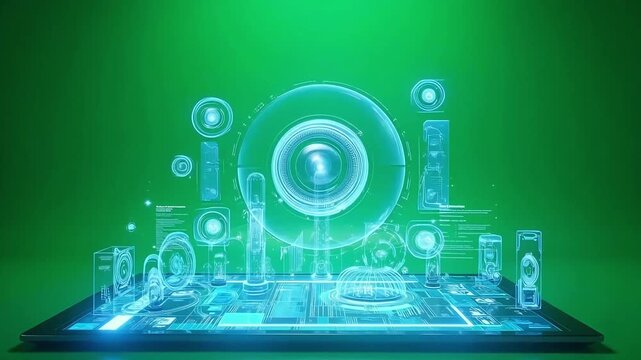 Tablet shows holographic technology interface with data, charts, and various virtual devices