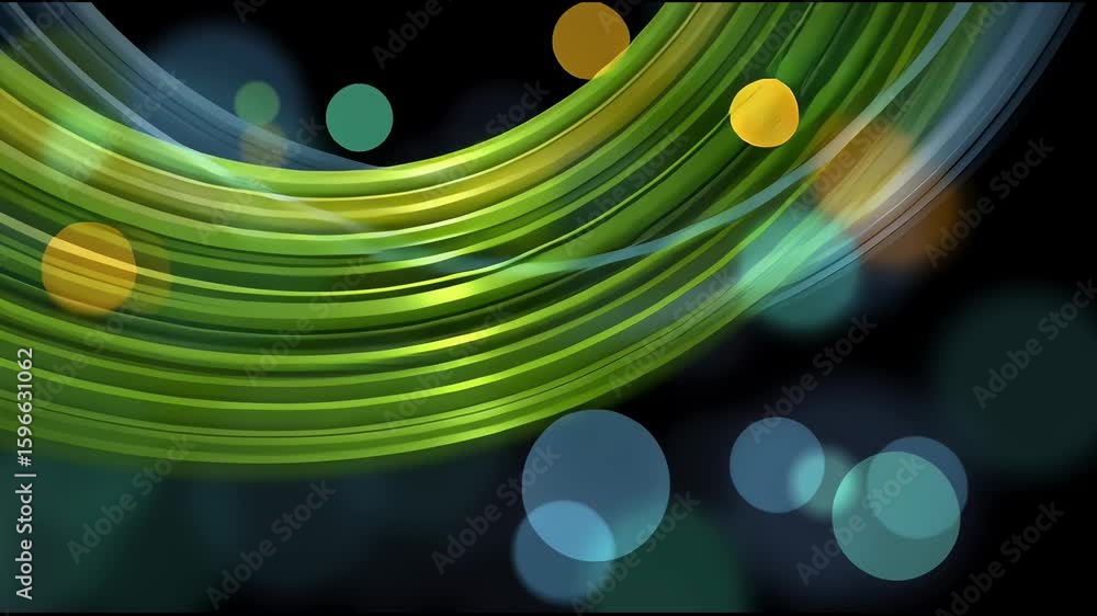 Poster flowing motion of translucent green and blue glowing abstract curved lines with colorful bokeh light