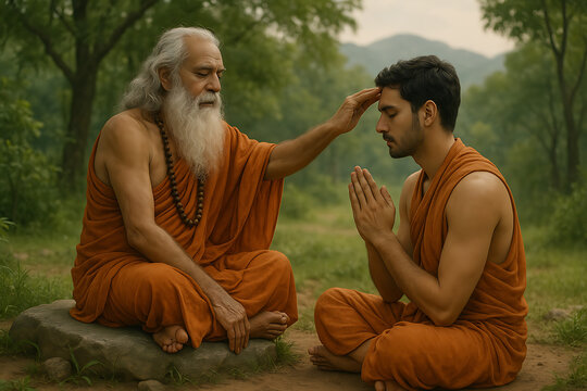 Monk guru gently blessing young disciple with forehead touch on guru purnima in peaceful forest showing sacred bond and divine spiritual initiation tradition