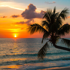 Stunning sunset over ocean with palm tree silhouette and vibrant colors on a tropical beach