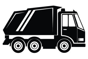 Side profile shows a simple stylized black garbage truck against a white backdrop